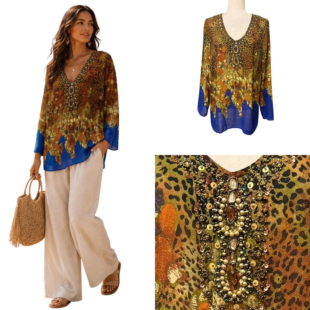 Vtg Womens L Tunic Top Boho Leopard Bead Sequin Boho Sheer Vacation Art to Wear